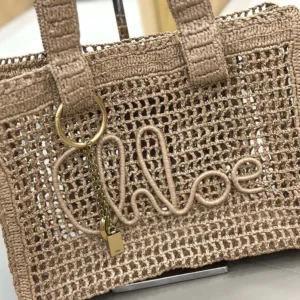 Chloe Women Summer Banana East-west Tote Bag in Raffia & Buffalo Leather-Beige