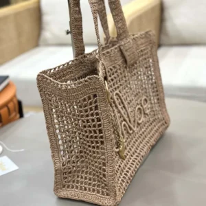 Chloe Women Summer Banana East-west Tote Bag in Raffia & Buffalo Leather-Beige