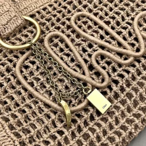 Chloe Women Summer Banana East-west Tote Bag in Raffia & Buffalo Leather-Beige