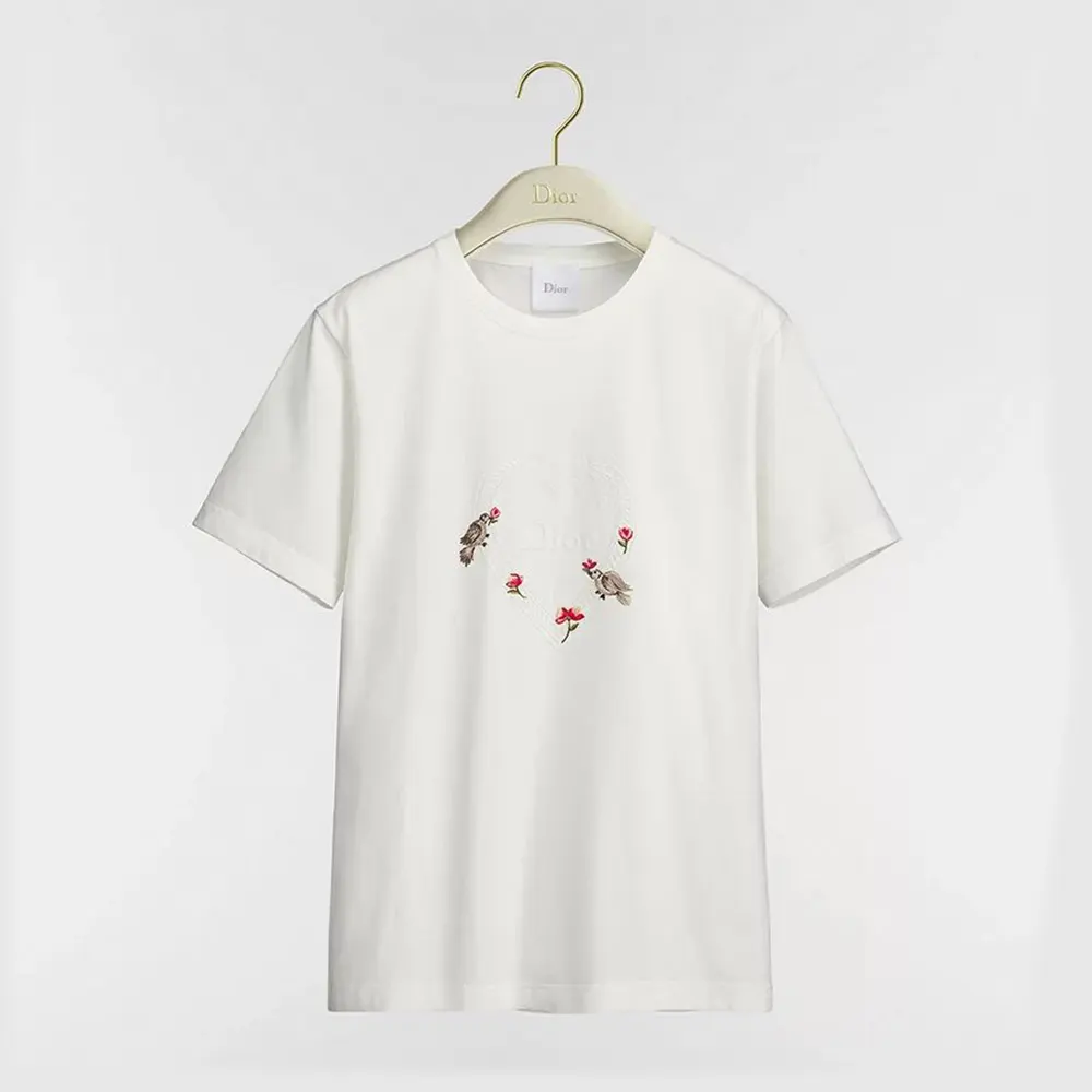 Dior Women Dioramour Fitted T-Shirt White Cotton Jersey with Multicolor Doves & Roses Motif