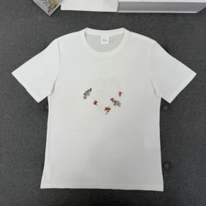 Dior Women Dioramour Fitted T-Shirt White Cotton Jersey with Multicolor Doves & Roses Motif