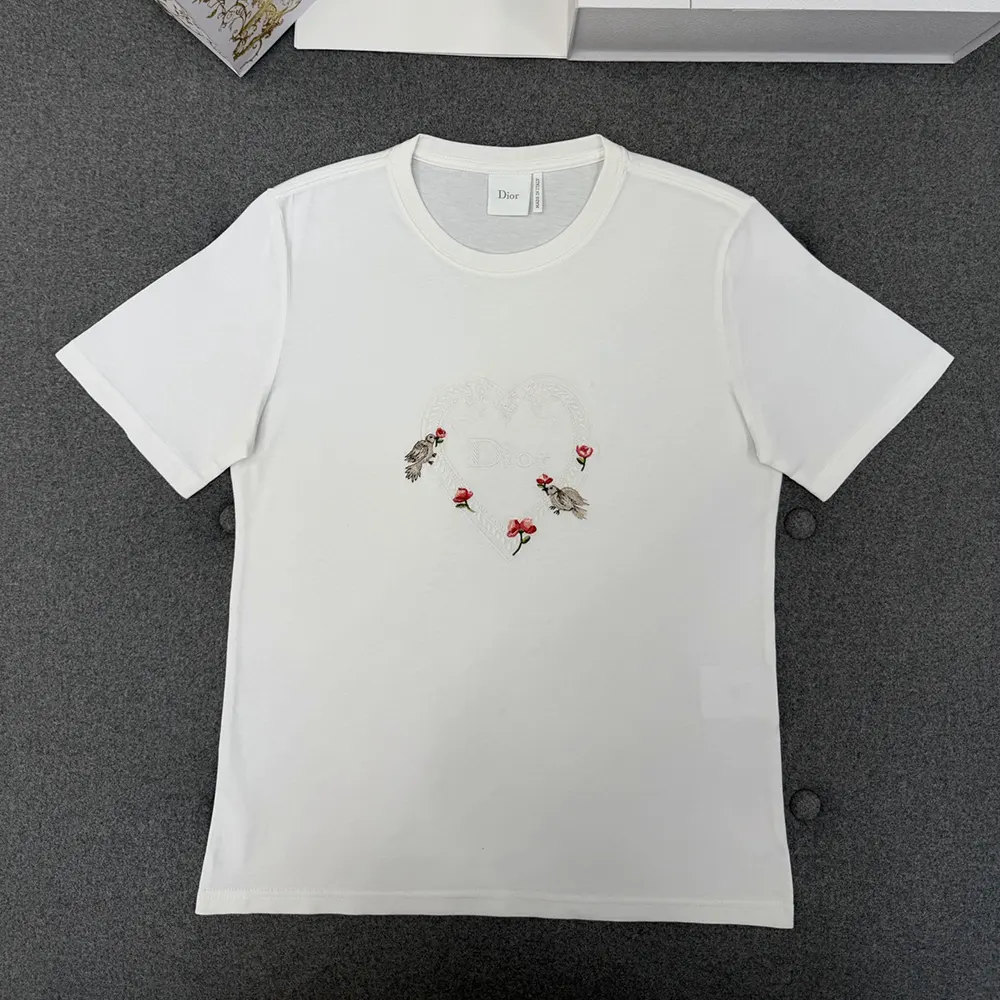 Dior Women Dioramour Fitted T-Shirt White Cotton Jersey with Multicolor Doves & Roses Motif