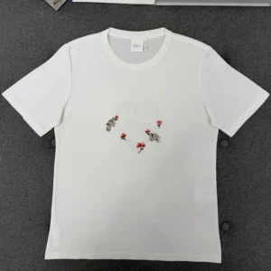 Dior Women Dioramour Fitted T-Shirt White Cotton Jersey with Multicolor Doves & Roses Motif