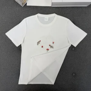 Dior Women Dioramour Fitted T-Shirt White Cotton Jersey with Multicolor Doves & Roses Motif