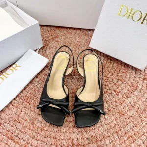 Dior Women Bow Heeled Slingback Sandal Black Lambskin KCO576LAB