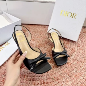 Dior Women Bow Heeled Slingback Sandal Black Lambskin KCO576LAB