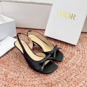 Dior Women Bow Heeled Slingback Sandal Black Lambskin KCO576LAB
