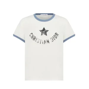 Dior Women Dioriviera T-Shirt Ecru and Blue Cotton Jersey