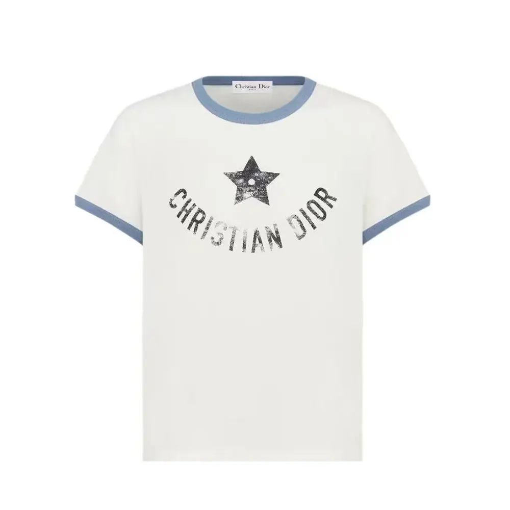 Dior Women Dioriviera T-Shirt Ecru and Blue Cotton Jersey