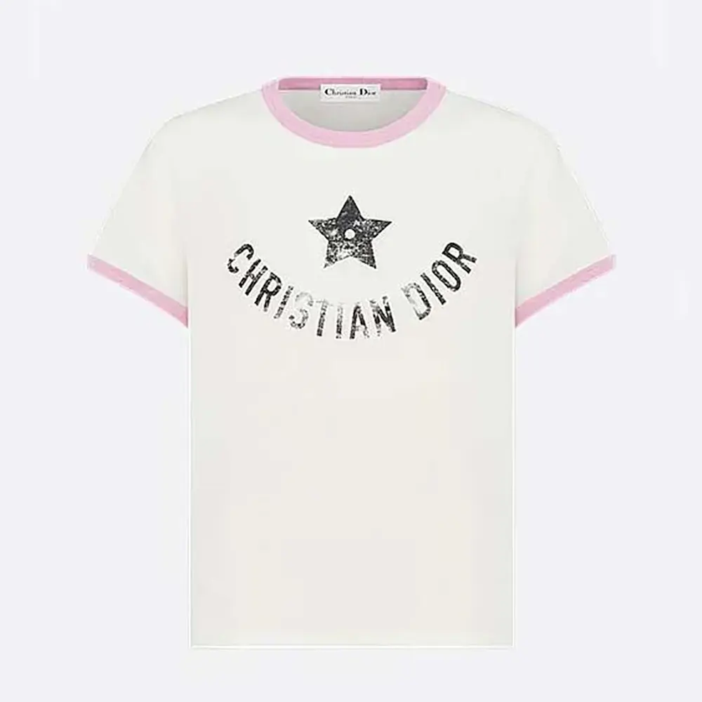 Dior Women Dioriviera T-Shirt Ecru and Pink Cotton Jersey