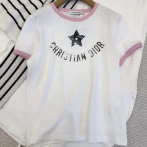 Dior Women Dioriviera T-Shirt Ecru and Pink Cotton Jersey