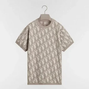Dior Women Oblique T-Shirt Regular Fit Beige Cotton-Wool-Silk Jacquard 693M619A7040