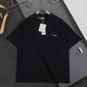 Dior Women T-Shirt with Dior Clover Embroidery Regular Fit Black Cotton Jersey
