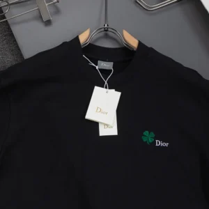 Dior Women T-Shirt with Dior Clover Embroidery Regular Fit Black Cotton Jersey