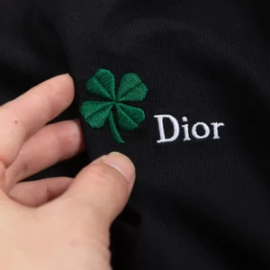 Dior Women T-Shirt with Dior Clover Embroidery Regular Fit Black Cotton Jersey