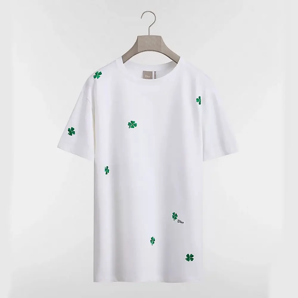 T-Shirt with Dior Clover Embroidery Relaxed Fit White Cotton Jersey
