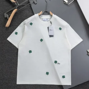 Dior Men T-Shirt with Dior Clover Embroidery Relaxed Fit White Cotton Jersey