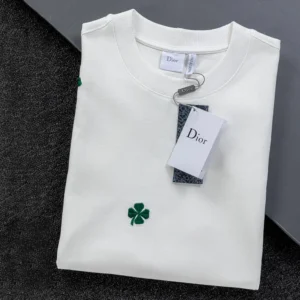 Dior Men T-Shirt with Dior Clover Embroidery Relaxed Fit White Cotton Jersey