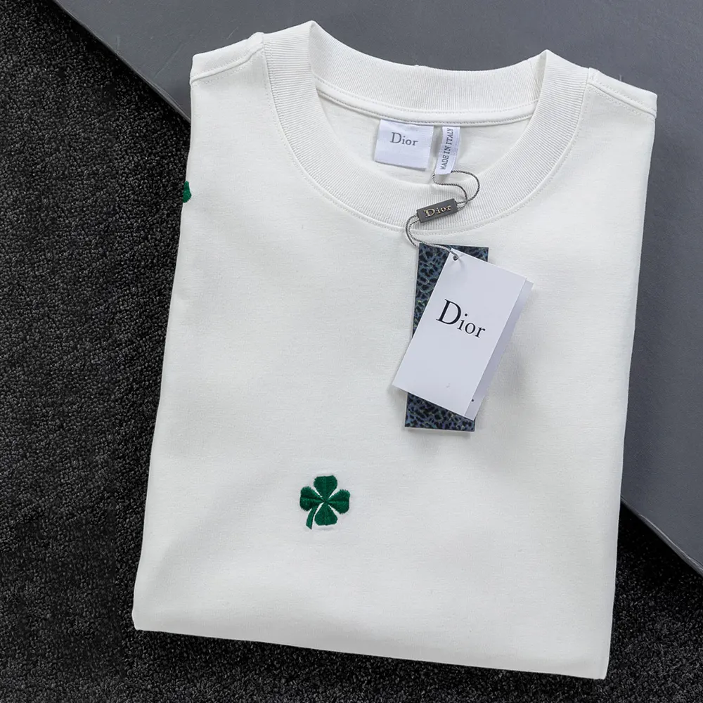 Dior Men T-Shirt with Dior Clover Embroidery Relaxed Fit White Cotton Jersey