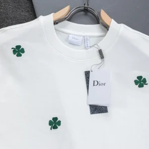 Dior Men T-Shirt with Dior Clover Embroidery Relaxed Fit White Cotton Jersey