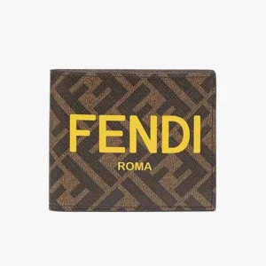 Fendi Men Bi-Fold Wallet In ROMA Logo FF Motif Fabric Brown