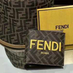Fendi Men Bi-Fold Wallet In ROMA Logo FF Motif Fabric Brown