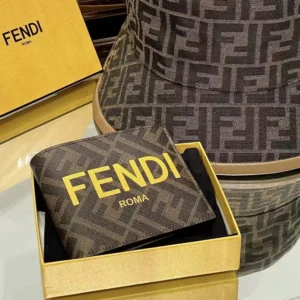 Fendi Men Bi-Fold Wallet In ROMA Logo FF Motif Fabric Brown