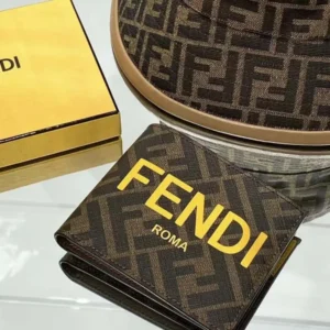 Fendi Men Bi-Fold Wallet In ROMA Logo FF Motif Fabric Brown