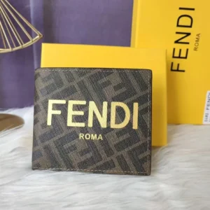 Fendi Men Bi-Fold Wallet In ROMA Logo FF Motif Fabric Brown