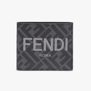 Fendi Men Bi-Fold Wallet In ROMA Logo FF Motif Fabric Gray