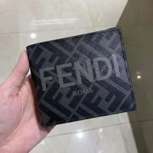 Fendi Men Bi-Fold Wallet In ROMA Logo FF Motif Fabric Gray