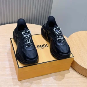 Fendi Unisex F-Light Sneakers Black Leather and Mesh Running Shoes