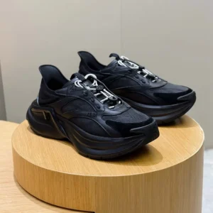 Fendi Unisex F-Light Sneakers Black Leather and Mesh Running Shoes