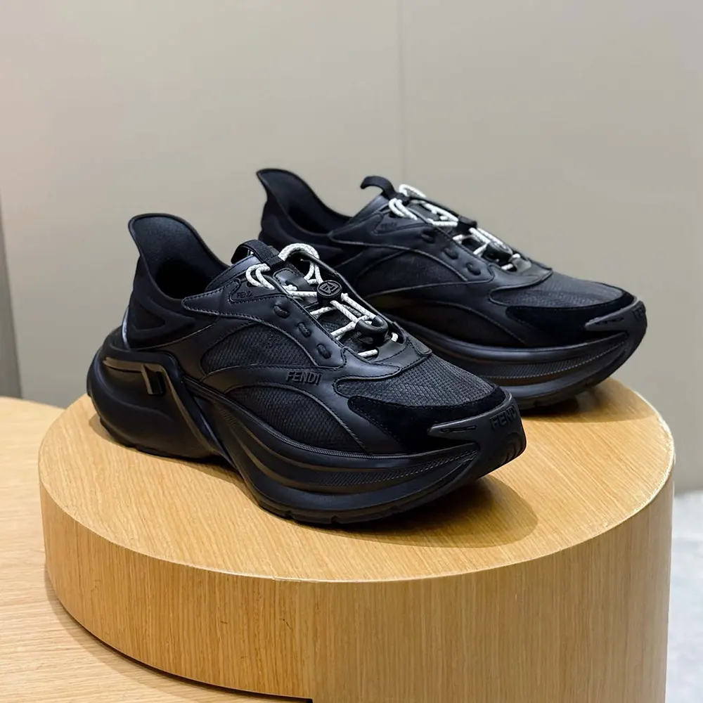 Fendi Unisex F-Light Sneakers Black Leather and Mesh Running Shoes 3 Fendi Unisex F-Light Sneakers Black Leather and Mesh Running Shoes