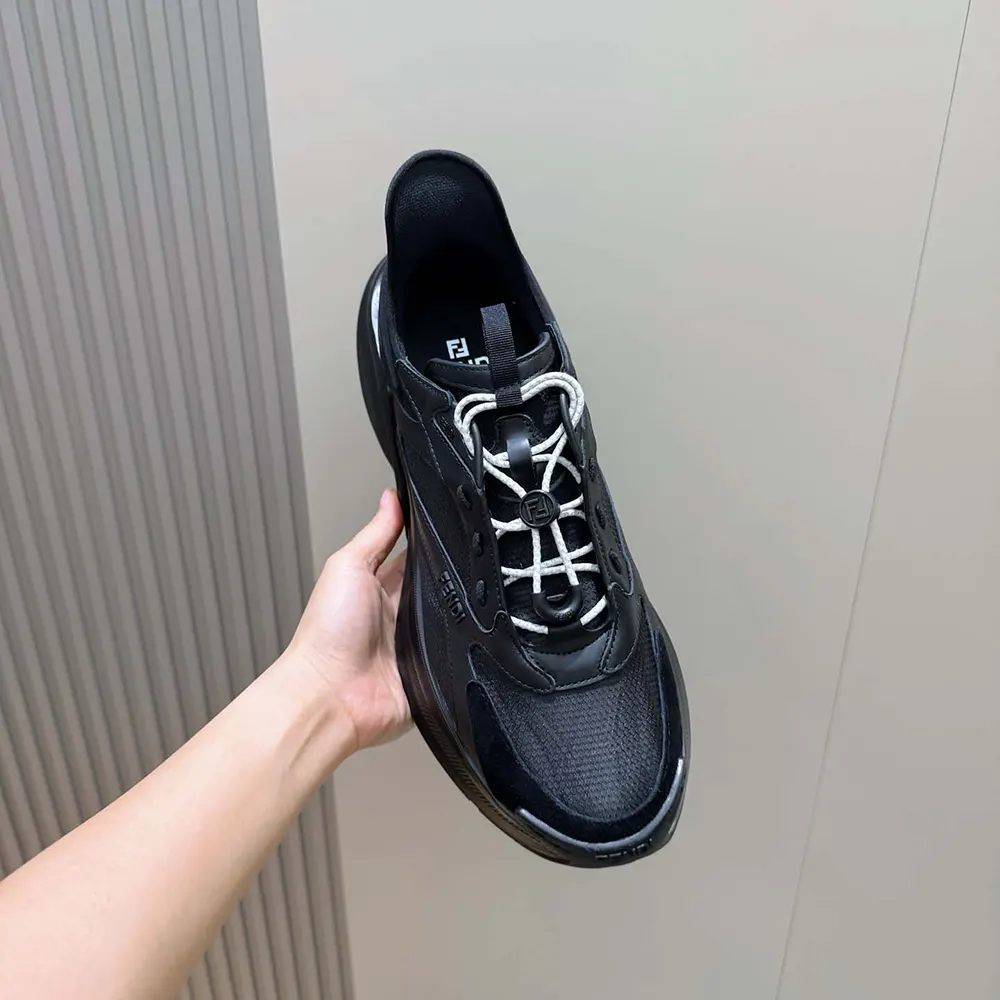 Fendi Unisex F-Light Sneakers Black Leather and Mesh Running Shoes 7 Fendi Unisex F-Light Sneakers Black Leather and Mesh Running Shoes