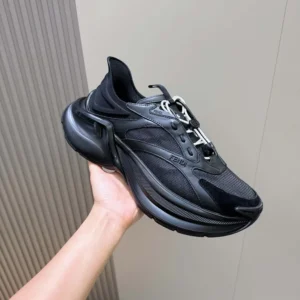 Fendi Unisex F-Light Sneakers Black Leather and Mesh Running Shoes