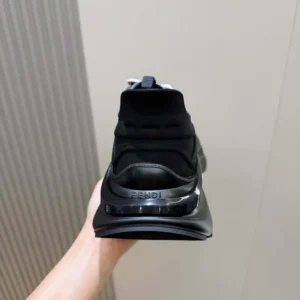 Fendi Unisex F-Light Sneakers Black Leather and Mesh Running Shoes