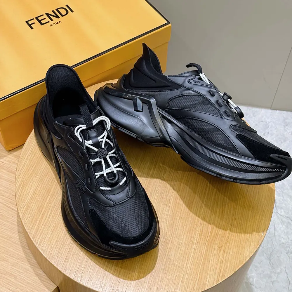 Fendi Unisex F-Light Sneakers Black Leather and Mesh Running Shoes 5 Fendi Unisex F-Light Sneakers Black Leather and Mesh Running Shoes