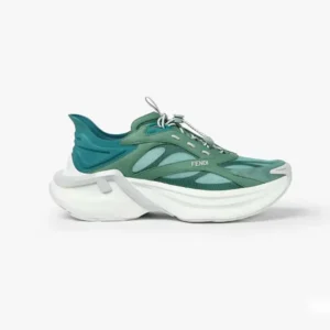 Fendi Unisex F-Light Sneakers Green Mesh and Leather Running Shoes