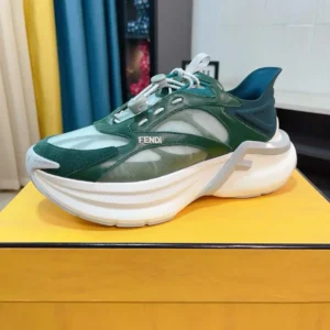 Fendi Unisex F-Light Sneakers Green Mesh and Leather Running Shoes