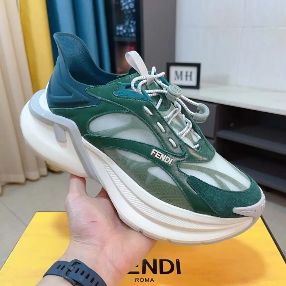 Fendi Unisex F-Light Sneakers Green Mesh and Leather Running Shoes 4 Fendi Unisex F-Light Sneakers Green Mesh and Leather Running Shoes