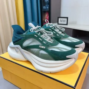 Fendi Unisex F-Light Sneakers Green Mesh and Leather Running Shoes