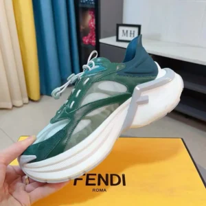 Fendi Unisex F-Light Sneakers Green Mesh and Leather Running Shoes
