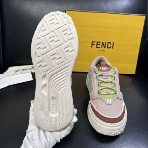 Fendi Unisex Force Sneakers Beige Mesh and Brown Leather Low-tops
