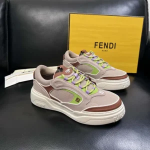 Fendi Unisex Force Sneakers Beige Mesh and Brown Leather Low-tops