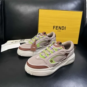 Fendi Unisex Force Sneakers Beige Mesh and Brown Leather Low-tops