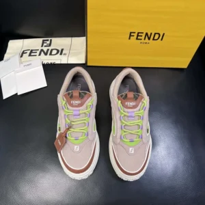 Fendi Unisex Force Sneakers Beige Mesh and Brown Leather Low-tops