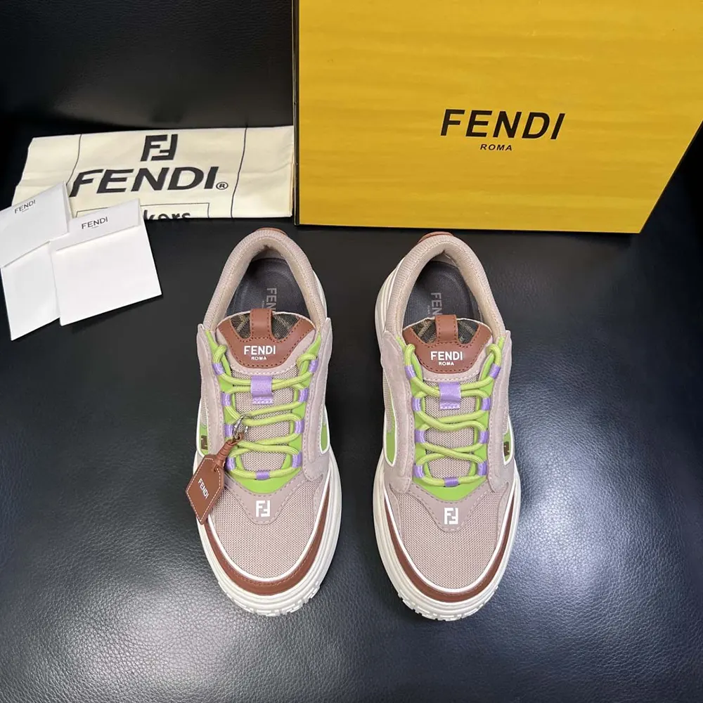 Fendi Unisex Force Sneakers Beige Mesh and Brown Leather Low-tops