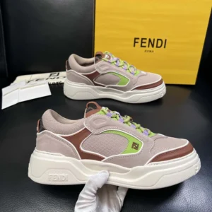 Fendi Unisex Force Sneakers Beige Mesh and Brown Leather Low-tops