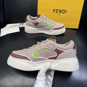 Fendi Unisex Force Sneakers Beige Mesh and Brown Leather Low-tops